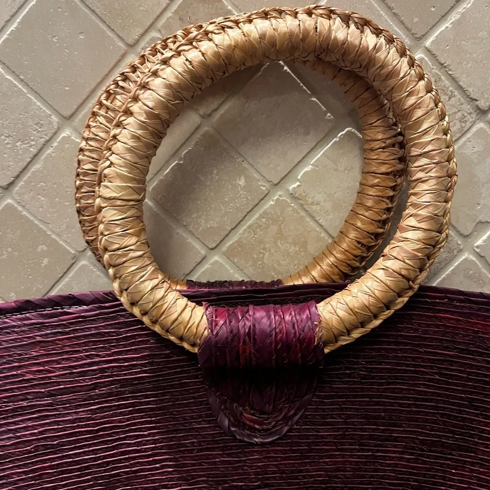 Elegant‎ Burgundy Woven Straw Beach Handbag with Circular Handles